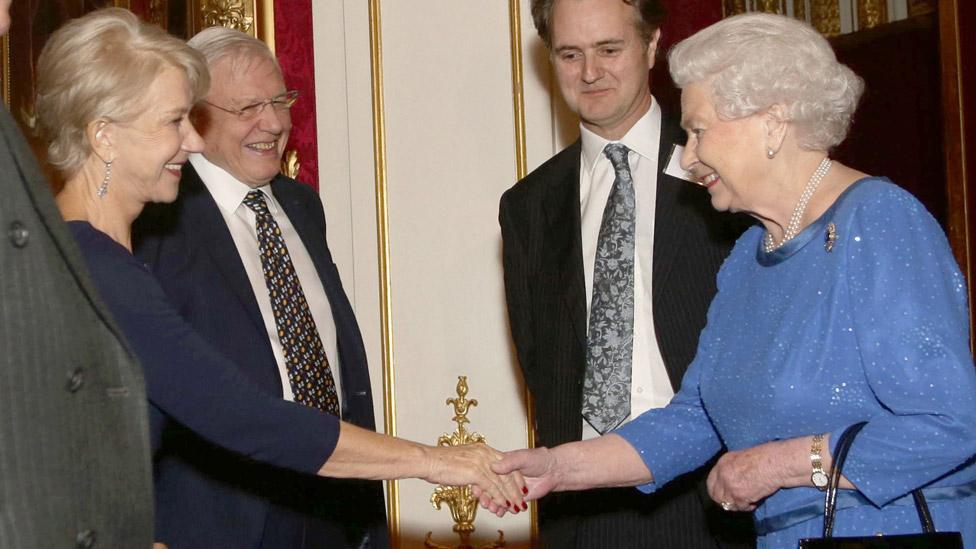 Dame Helen Mirren and Sir David Attenborough meeting the Queen in 2014