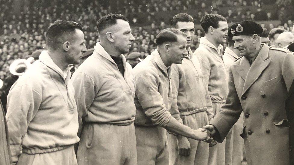 Jackie Roberts shakes hands with Field Marshal Montgomery at Burnden Park, Bolton Wanderers' home