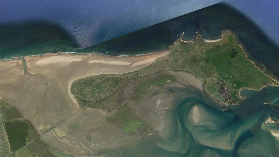 Google Earth view of island and causeway connecting to the mainland