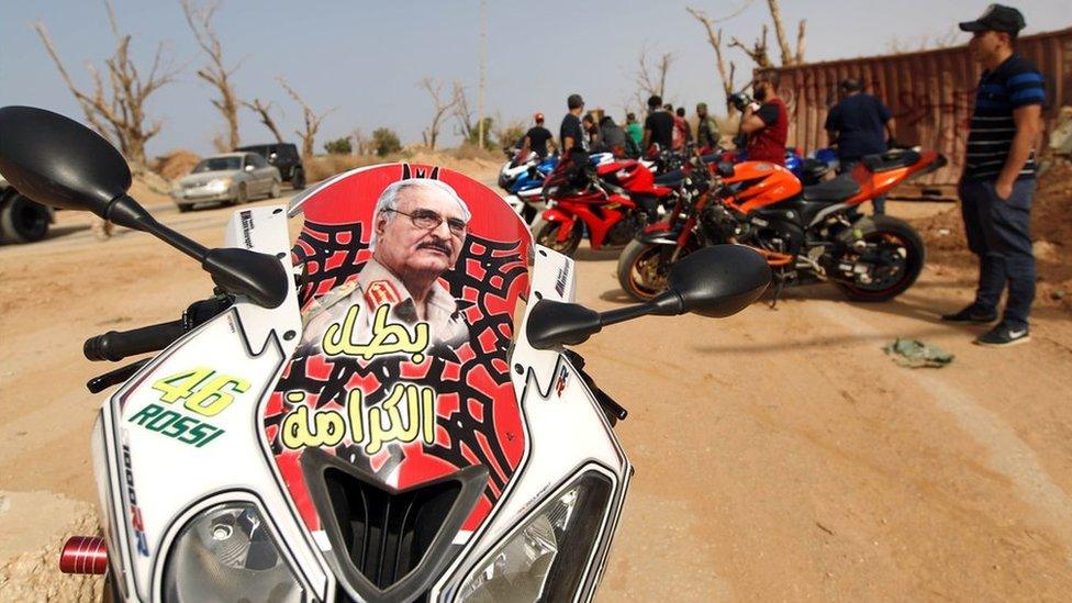 A motorbike with a portrait of Gen Khalifa Haftar, a Libyan military commander, attached to between its mirrors, Benghazi, Libya - Monday 7 November 2016