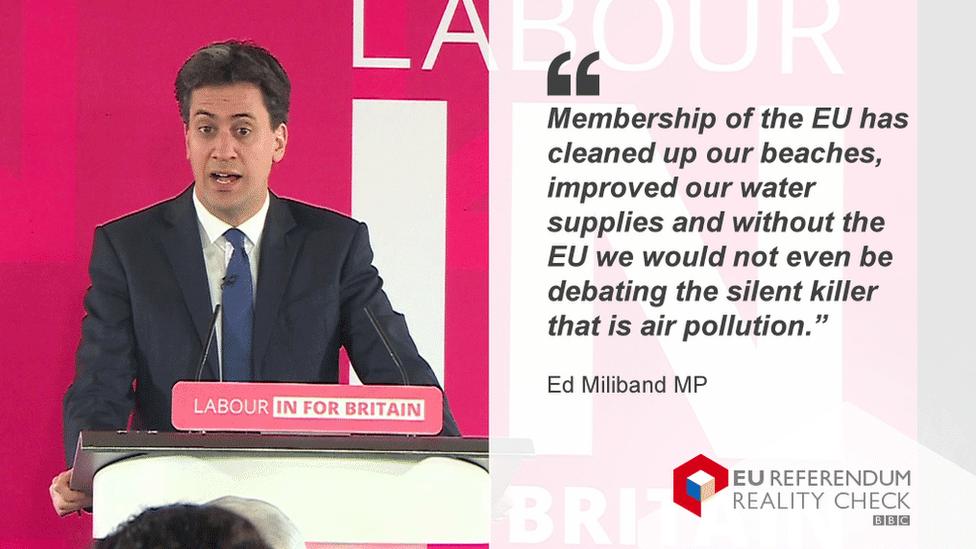 Ed Miliband saying: "Membership of the EU has cleaned up our beaches, improved our water supplies and without the EU we would not even be debating the silent killer that is air pollution."