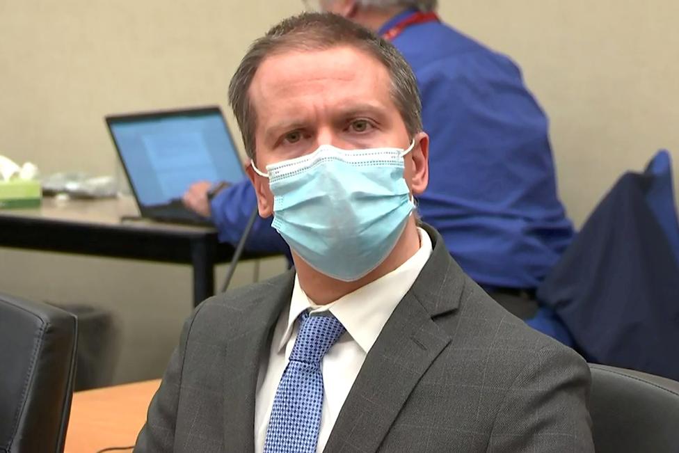 Former Minneapolis police officer Derek Chauvin listens as a jury finds him guilty of all charges in his trial for second-degree murder, third-degree murder and second-degree manslaughter in the death of George Floyd in Minneapolis, Minnesota, 20 April 2021