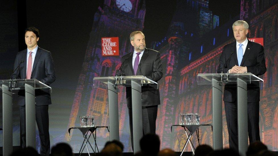 Justin Trudeau, Tom Mulcair and Stephen Harper