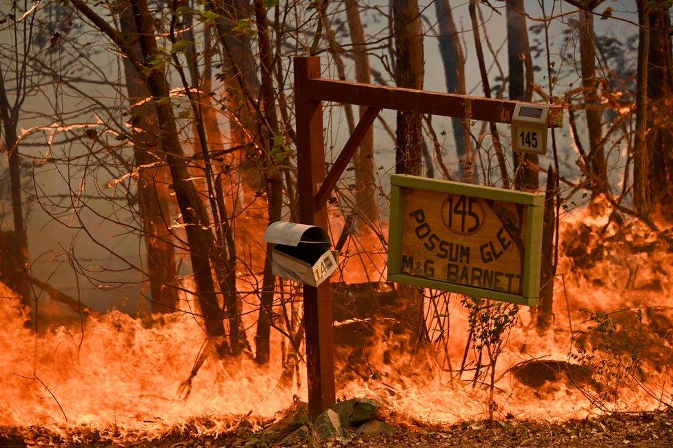 A mailbox and signpost burn amid heavy flames