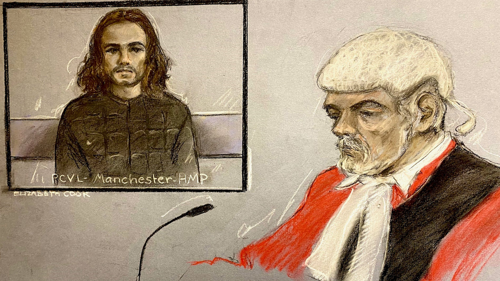 Court artist sketch of Connor Chapman, 22, at Liverpool Crown Court, appearing via videolink from HMP Manchester