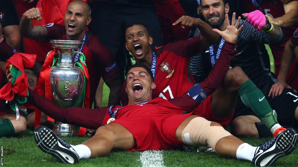 Cristiano Ronaldo celebrates winning Euro 2016 with his Portugal team-mates