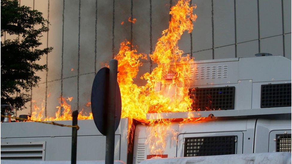 one of the water cannon trucks was firebombed