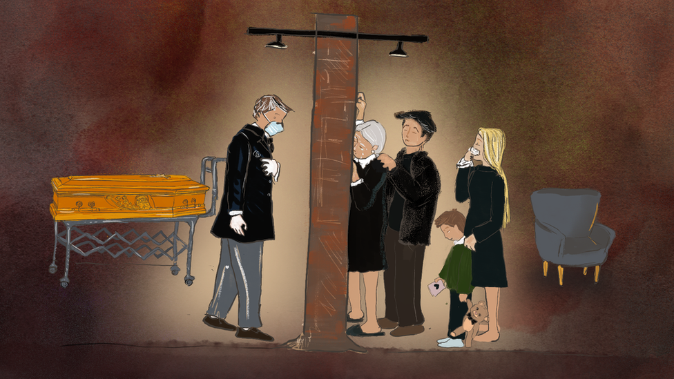 Illustration showing a wall separating a grieving family from a deceased person