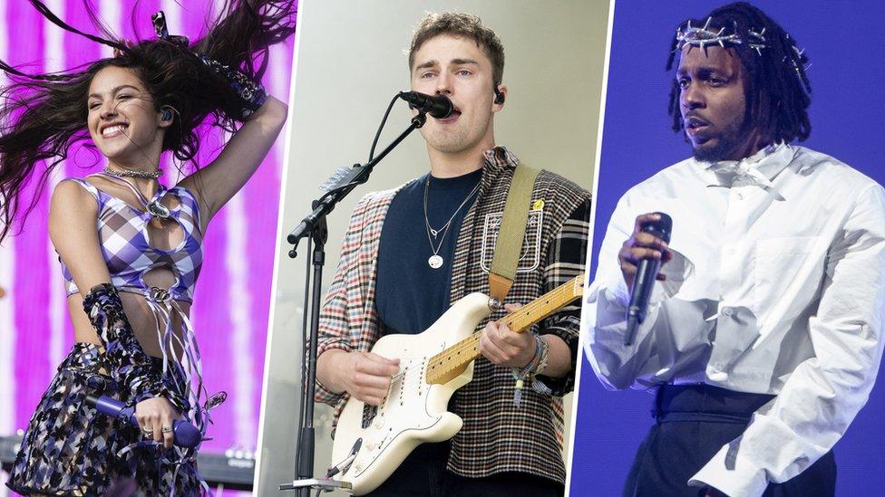 split image showing olivia rodrigo on the left, sam fender in the middle and kendrick lamar on the right