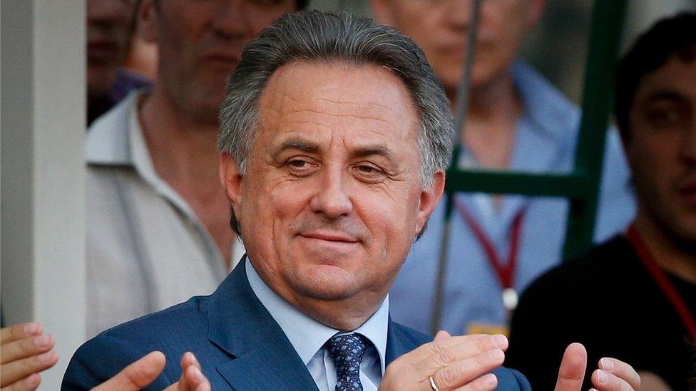 Russia"s Sports Minister Vitaly Mutko applauds as he attends an the Russian Stars 2016 track and field competitions in Moscow, Russia, Thursday, July 28, 2016.