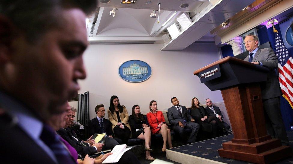 Press Secretary Sean Spicer delivers a statement at the press briefing room of the White House in Washington U.S., January 21, 2017