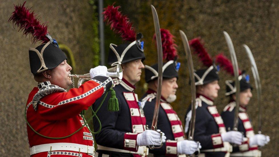 Sergeant Bugler Andrew Carlisle with the Hillsborough Fort Guard during a remembrance service for Queen Elizabeth II at Hillsborough Fort in Northern Ireland. Picture date: Monday