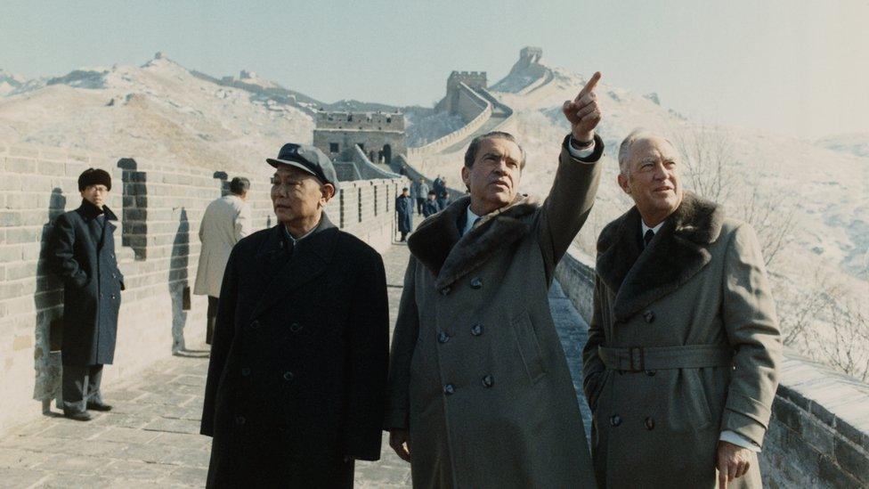 President Nixon and Secretary of State William Rogers with Chinese Deputy Premier Li Xiannian during a visit to the Great Wall of China.