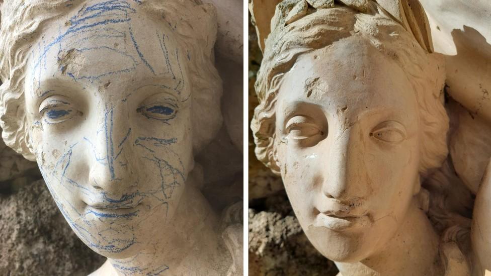 The statue before and after cleaning