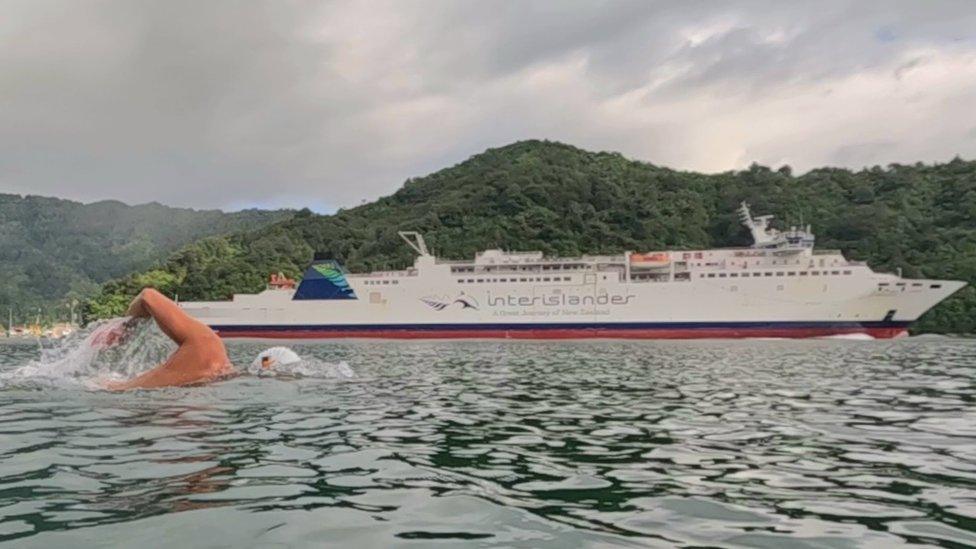 Andy Donaldson swims alongside the inter-Island ferry between New Zealand's North and South Islands