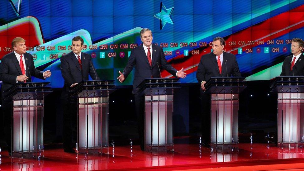 Real estate developer Donald Trump, Texas Senator Ted Cruz, former Florida Governor Jeb Bush, New Jersey Governor Chris Christie and Kentucky Senator Rand Paul during the US Republican Presidential candidate debate at The Venetian Las Vegas in Las Vegas, Nevada, USA, 15 December 2015.