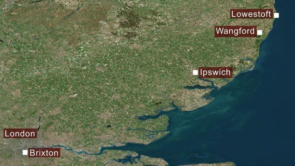 A map showing where Brixton is in relation to Wangford, near Southwold