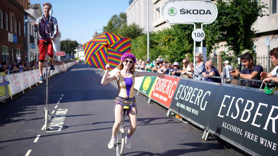 Unicyclists at the Tour of Britain in Devon