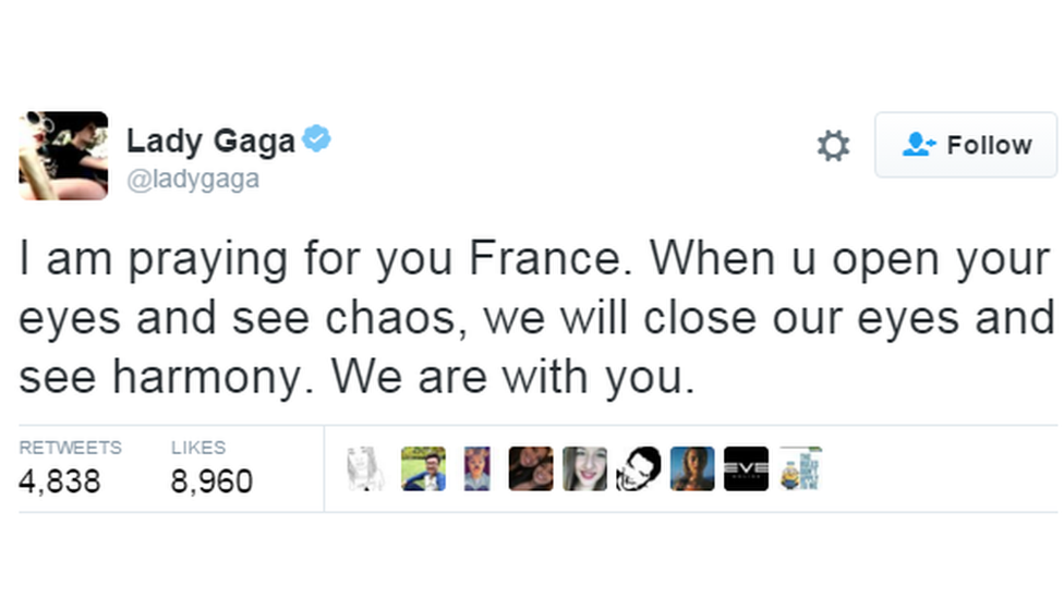 "I am praying for you France. When u open your eyes and see chaos, we will close our eyes and see harmony. We are with you."