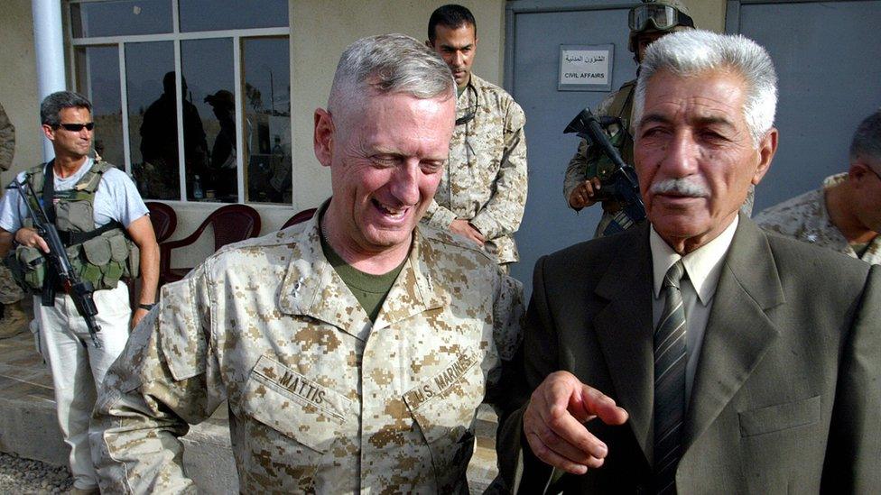 Iraqi General Mohammed Latif (R), head of the Fallujah Brigade, gestures as he stands near US Marines General James Mattis in May 2004.