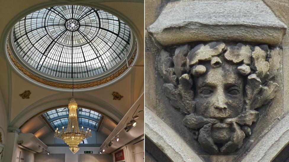 A chandelier inside and a stone carving outside Browns of Chester