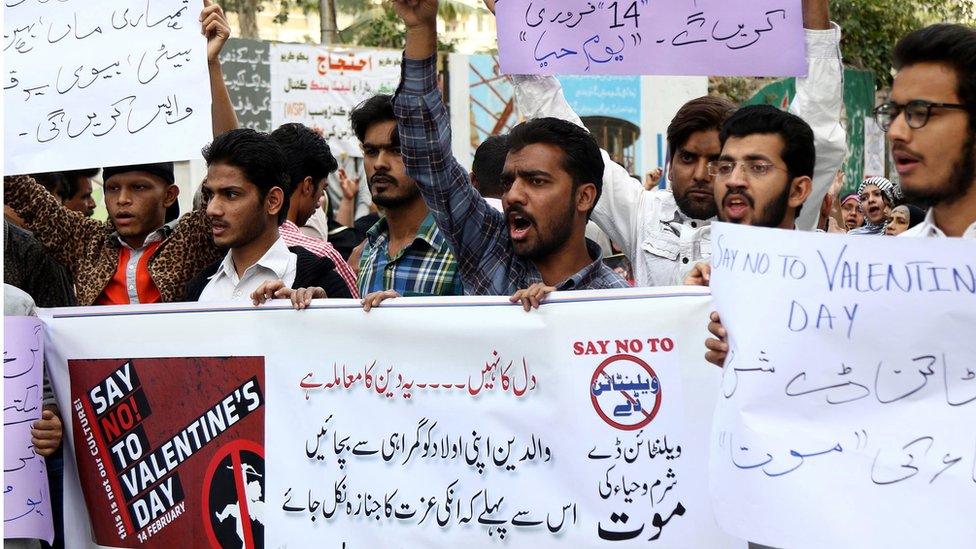 People shout slogans during a protest against Valentine's Day in Karachi, Pakistan, 12 February 2017