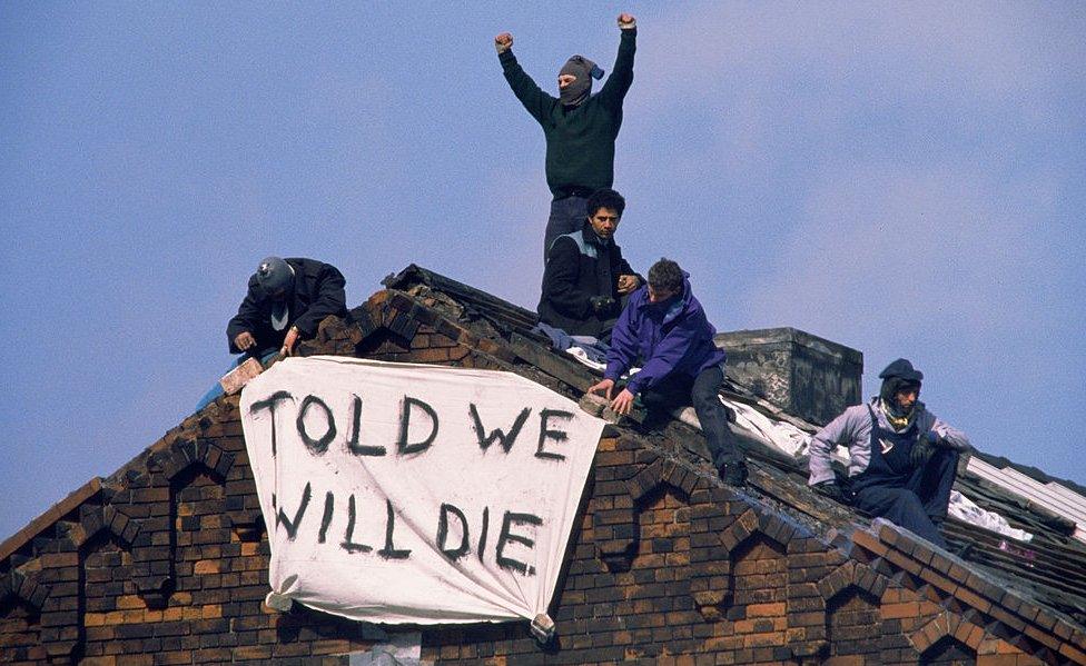 Prisoners protesting on roof during 1990 Strangeways riot