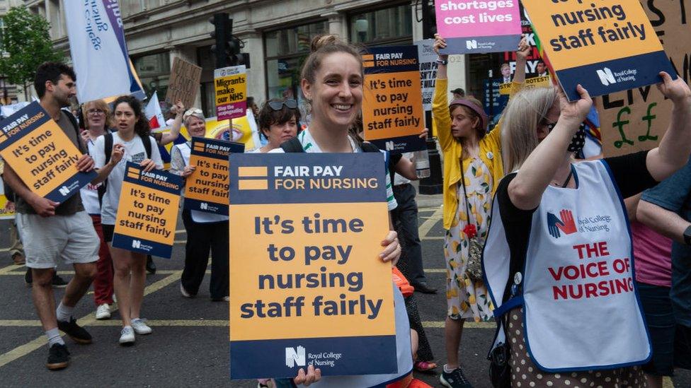 Members of the Royal College of Nursing trade union on a National TUC Cost of Living demonstration in London