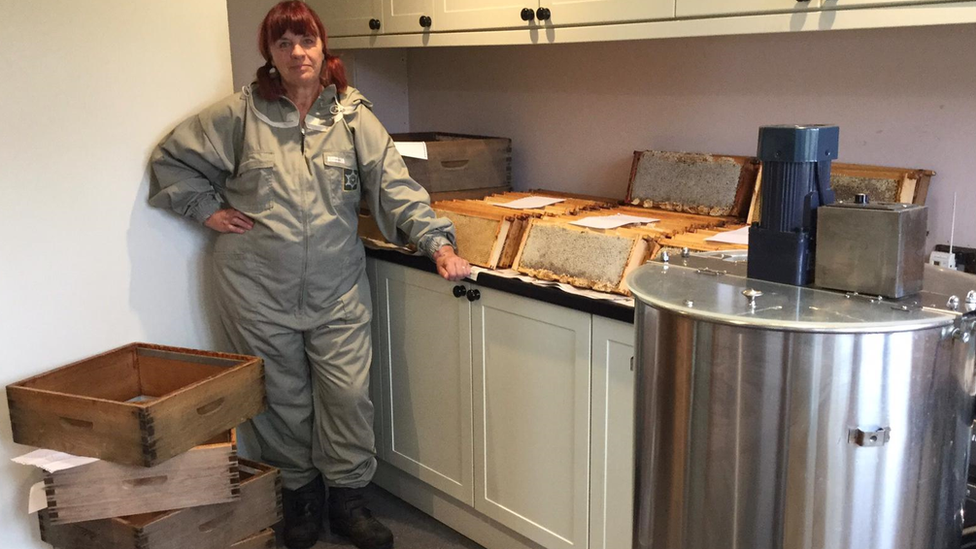 Joyce Wells extracting honey