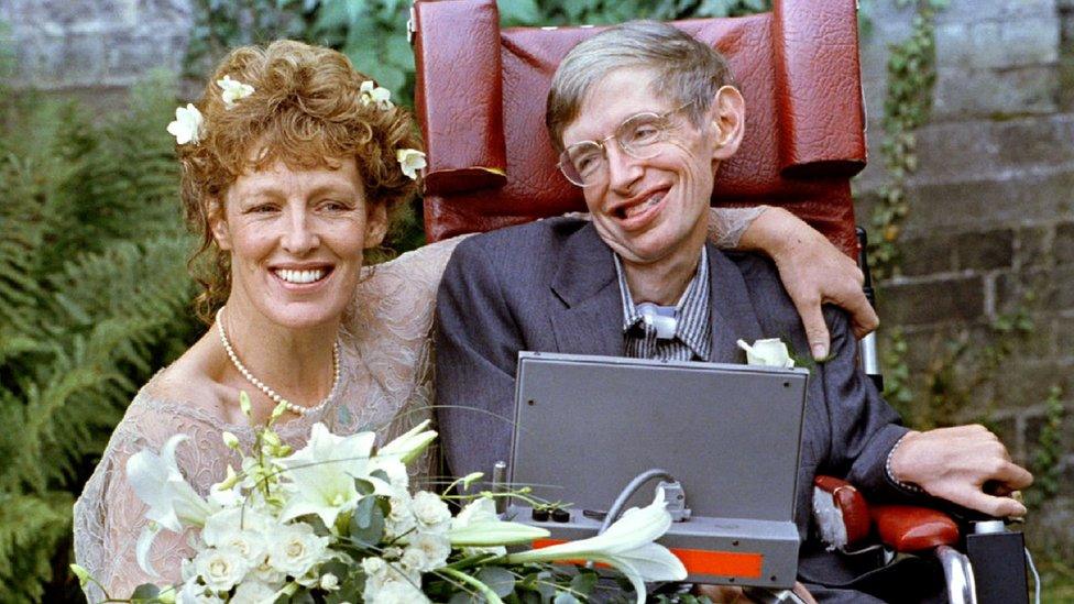 Stephen Hawking and his new bride Elaine Mason pose for pictures after the blessing of their wedding at St. Barnabus Church September 16, 1995