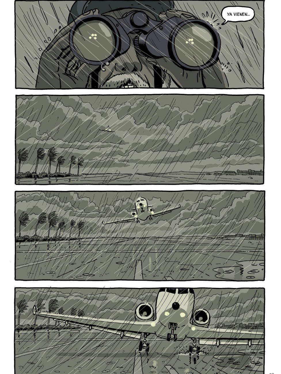 One strip illustrates a plane landing