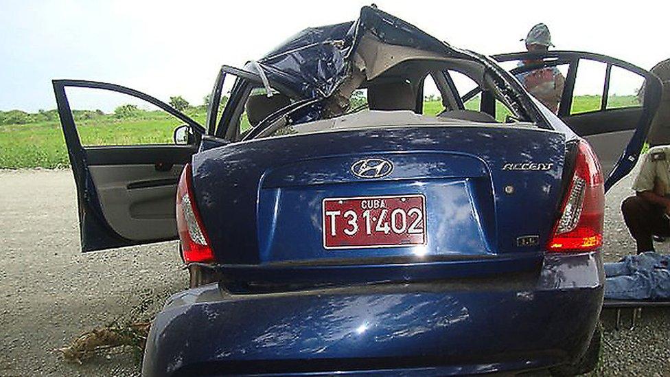 Picture released by Cuban TV from the Interior Ministry which it said showed the crashed car of Cuban dissident Oswaldo Paya.