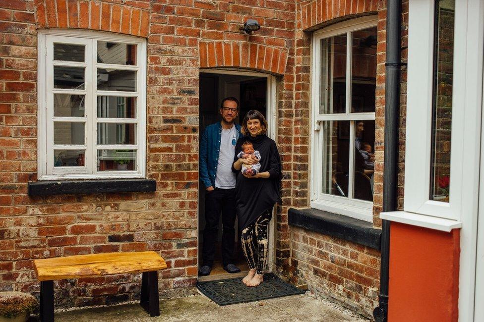 Doorstep portrait of Adam, Amy and Robin in Sharrow Vale