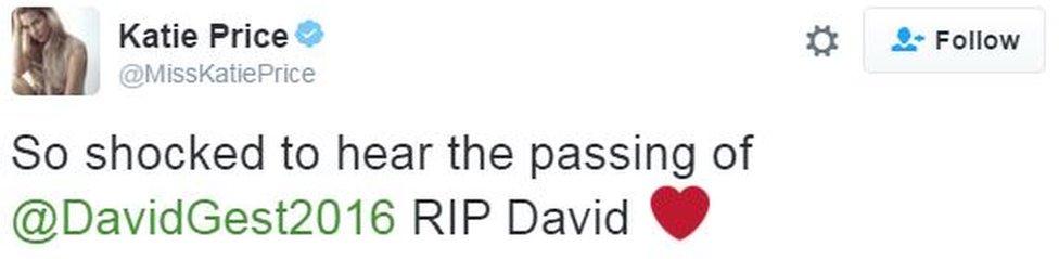 Katie Price: So shocked to hear the passing of @DavidGest2016 RIP David ❤️