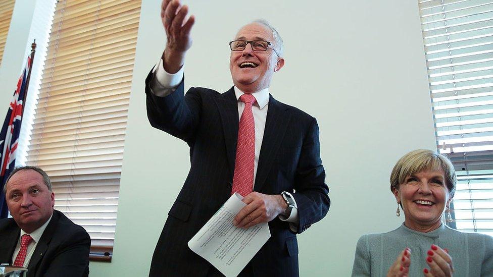 Malcolm Turnbull addresses his cabinet room flanked by his deputies Barnaby Joyce (l) and Julie Bishop (r)