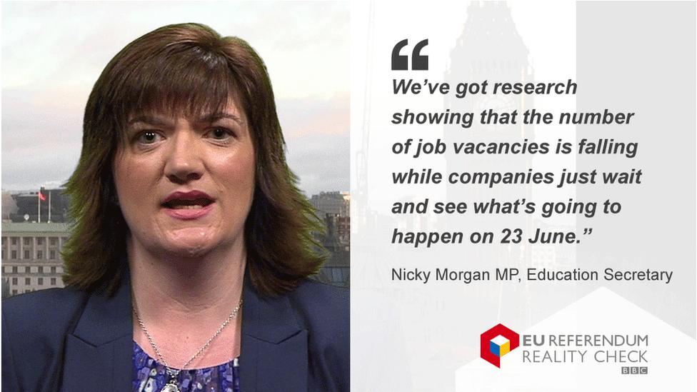 Nicky Morgan saying: "We've got research showing that the number of vacancies is falling while companies just wait and see what's going to happen on 23 June."