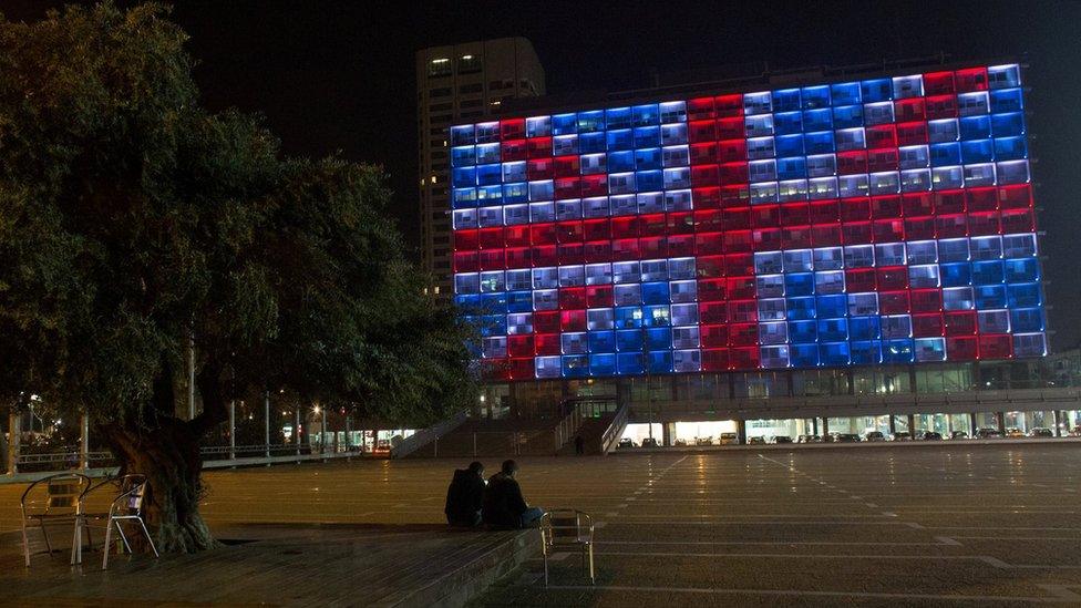 City hall in Tel Aviv lit with Union Jack