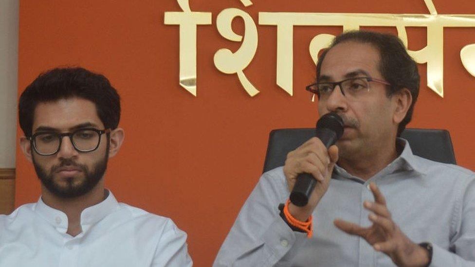 Shiv Sena president Uddhav Thackeray along with other leaders addressing to media at Sena Bhavan, on July 11, 2019 in Mumbai, India.