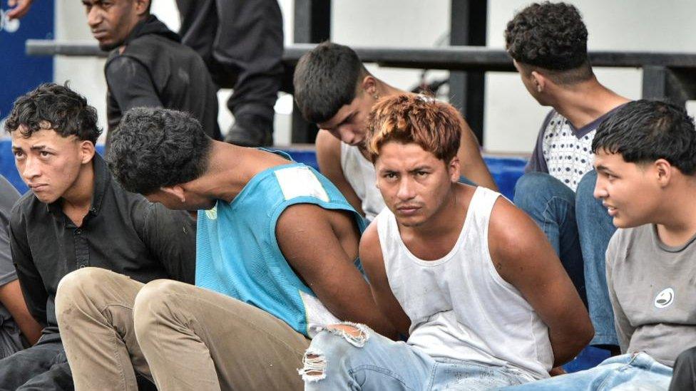 Police officers (not pictured) present the detainees who stormed the TC Television studio during a live TV broadcast amid an ongoing wave of violence around the nation, in Guayaquil, Ecuador January 10, 2024.