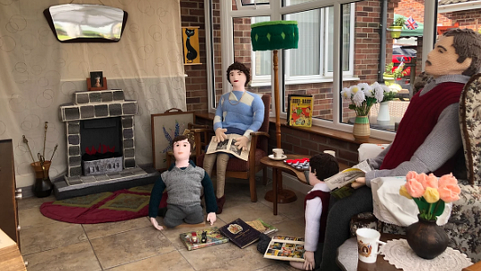 Knitted family in 1950s sitting room