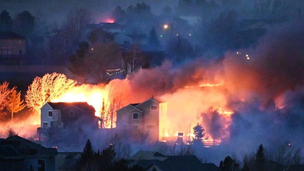 The Marshall Fire continues to burn out of control on December 30, 2021 in Broomfield, Colorado