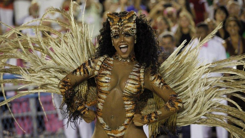 Mangueira samba school"s Drum Queen Evelin performs during the carnival parade at the Sambadrome in Rio de Janeiro, February 9, 2016.