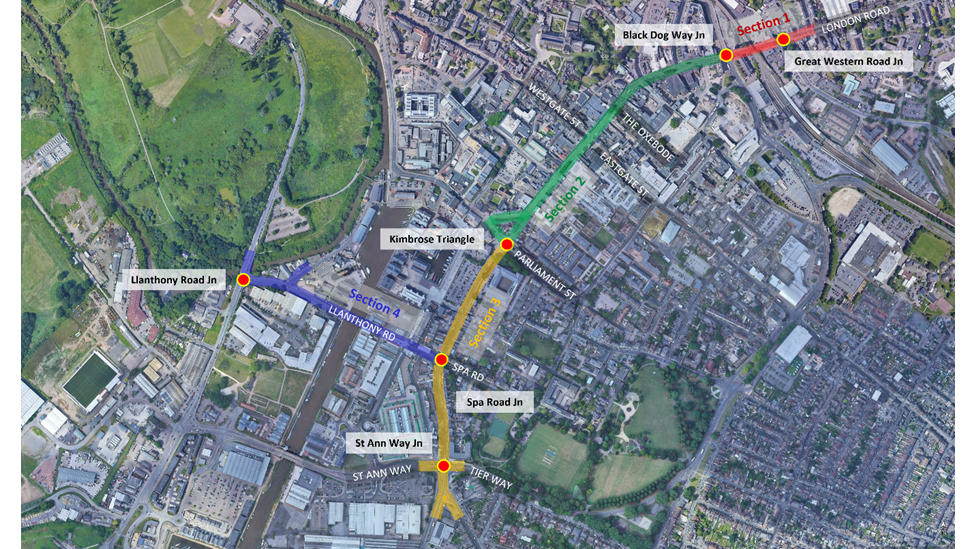 A map highlighting the roads that are part of the cycle route