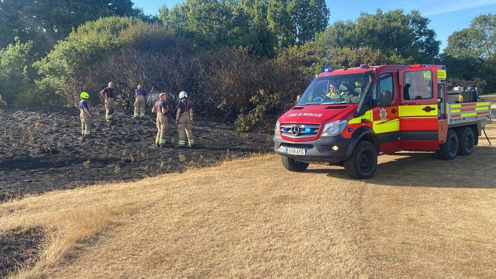 Firefighters inspect the scene of a fire on grassland in Southend