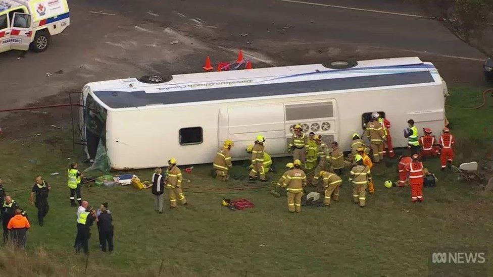 An aerial image of the bus crash