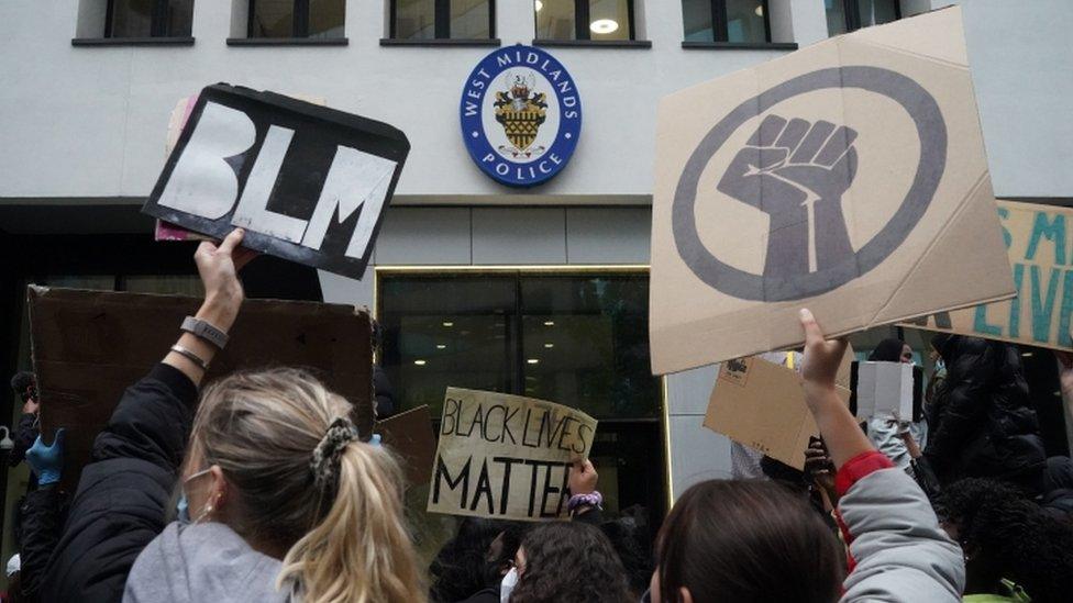 Demonstrators outside West Midlands Police Headquarters