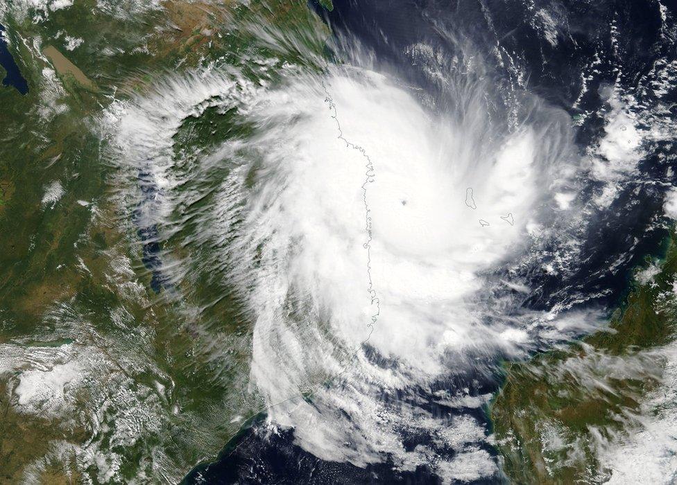 A satellite image of Cyclone Kenneth taken by Nasa shows its approach towards the coast of Mozambique