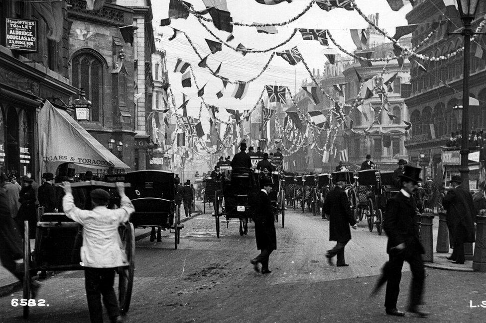 Queen Victoria Street, London, with decorations for the coronation of Edward VII.