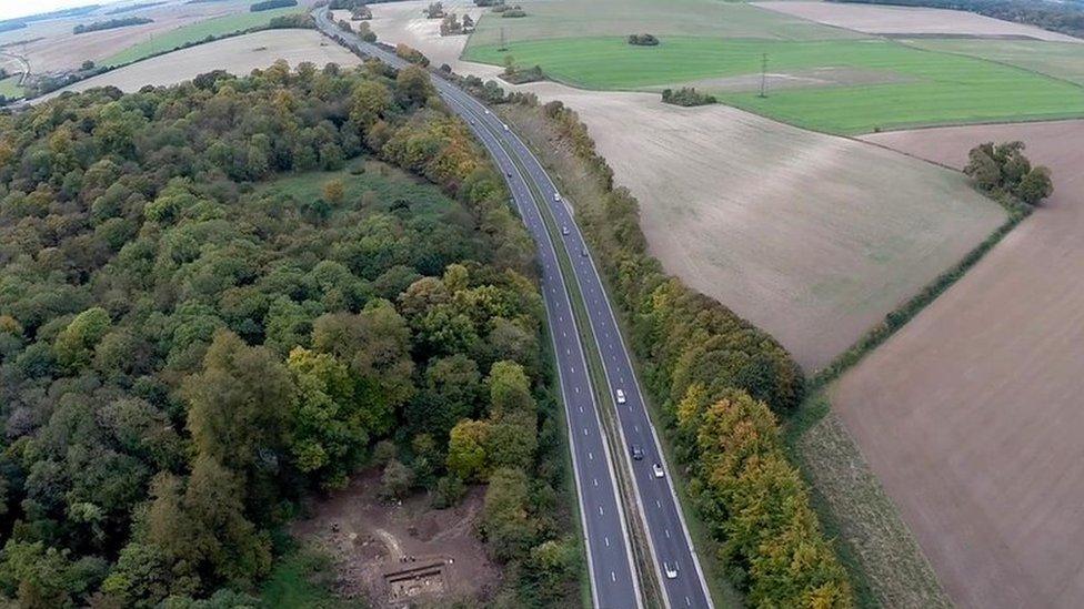 Drone image of Blick Mead by the A303 in Wiltshire