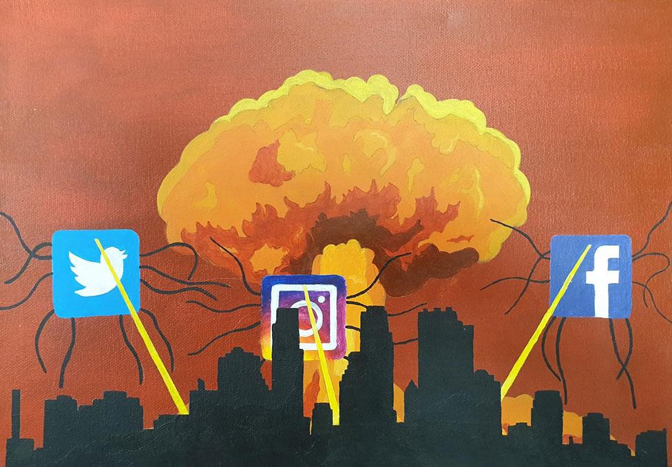 A piece of art showing a nuclear mushroom cloud and social media symbols